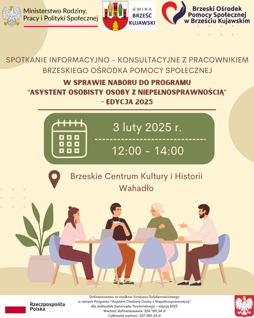 Spotkanie informacyjno-konsultacyjne w sprawie naboru do programu „Asystent Osobisty Osoby z Niepełnosprawnością” odbędzie się 3 lutego 2025 r. w godz. 12:00–14:00 w Brzeskim Centrum Kultury i Historii Wahadło. Ilustracja przedstawia cztery osoby siedzące przy stole i rozmawiające.